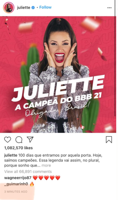 #BBB21: Juliette quebra recorde de Billie EIlish e tem a foto mais rápida da história a atingir 1 milhão de likes